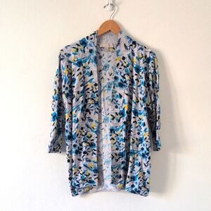 Laura Ashley Floral Open Front Knit Cardigan Sweater Navy Gray Yellow Sz Large
